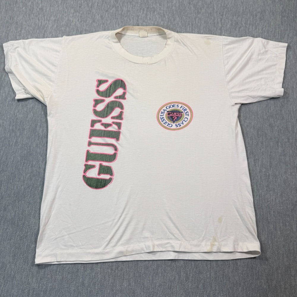 Guess T-Shirt Men Small White Neon Pink Green Vertical Spell Out Vintage 90s Tee